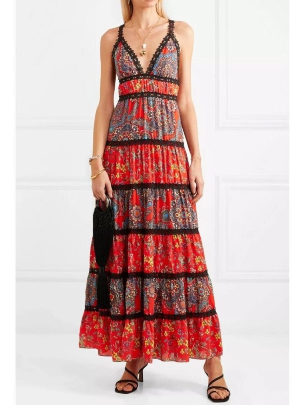 Alice + Olivia Red Mixed Floral Paisley Tiered Maxi Skirt
